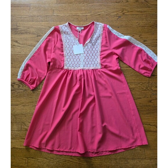 Umgee 3/4 Sleeve Tunic Dress Pink Embroidered Lace Detail Womens size Large - Picture 1 of 8